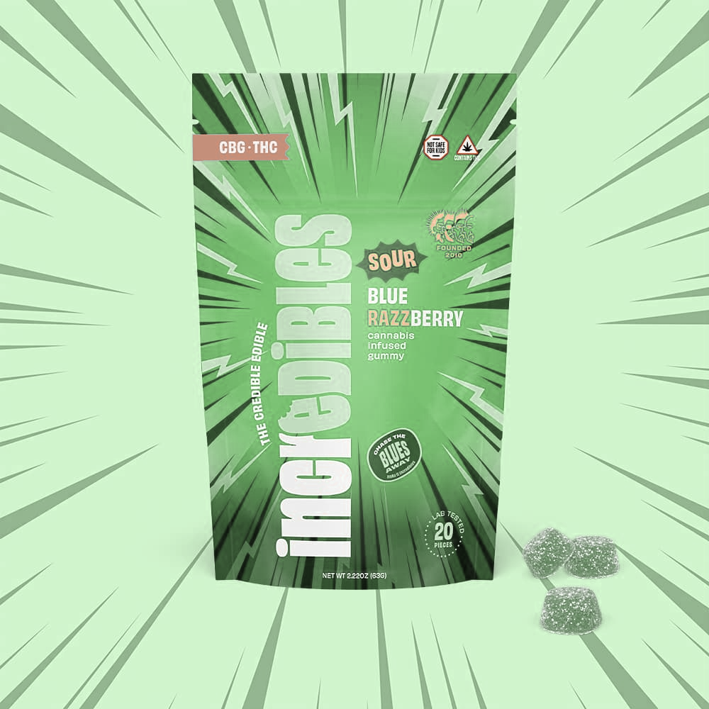 incredibles – 1:1 Sour Blue Razzberry + CBG [20pk] (100mg CBG/100mg THC)